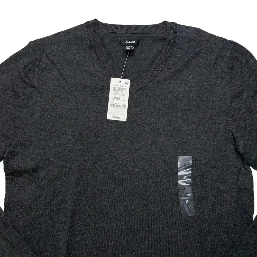Alfani Solid Table Cotton Blend Dark Grey V-Neck Classic Fit Mens Sweater - Picture 3 of 10